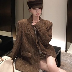小香风复古粗花呢休闲西装外套女秋冬气质名媛设计感西服上衣
