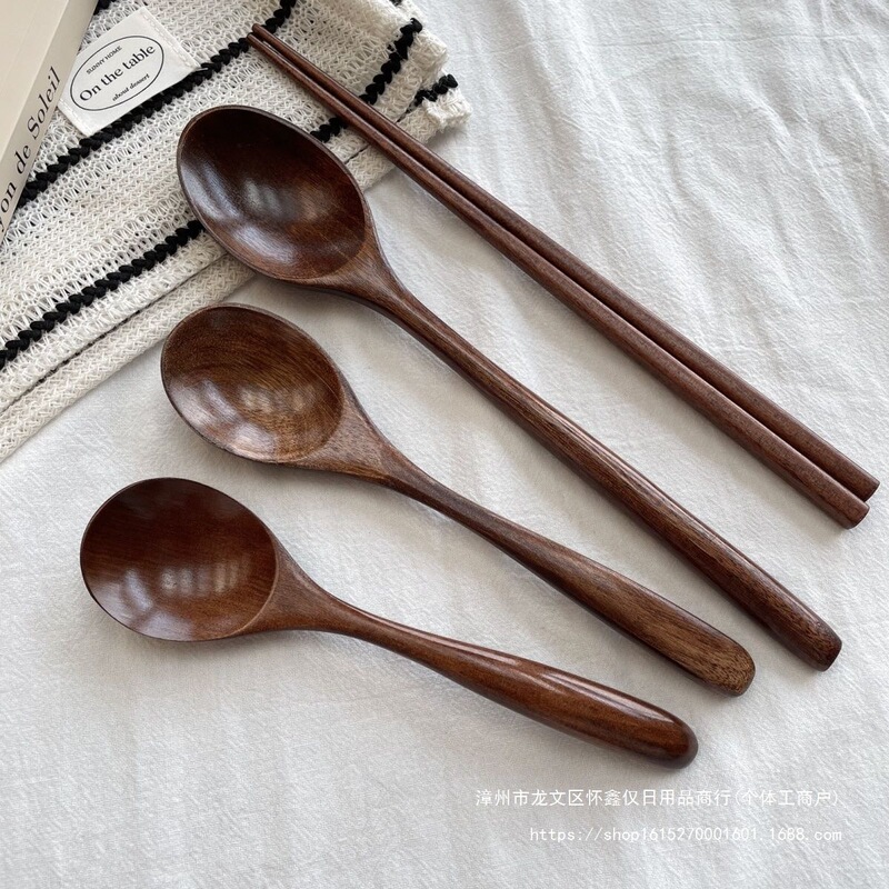 Ins Korean Style Log Tableware Solid Wood Fork Wooden Spoon Chopsticks Set Long Handle Spoon Japanese Retro Restaurant