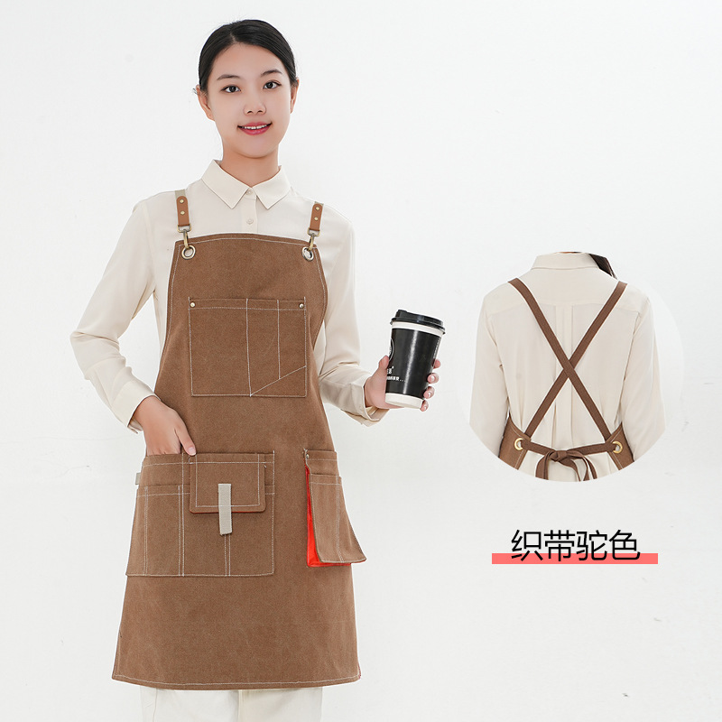 Amazon grueso delantal de lona cinturón de cinta opcional multi-Bolsillo cafetería Barber monos delantal por mayor