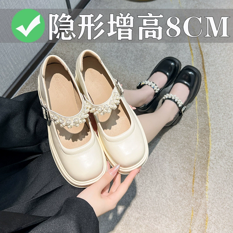 Туфли Мэри Джейн с высокой посадкой с мелким ртом и жемчужной пряжкой 2023 Новые маленькие кожаные туфли на толстом каблуке с высокой посадкой