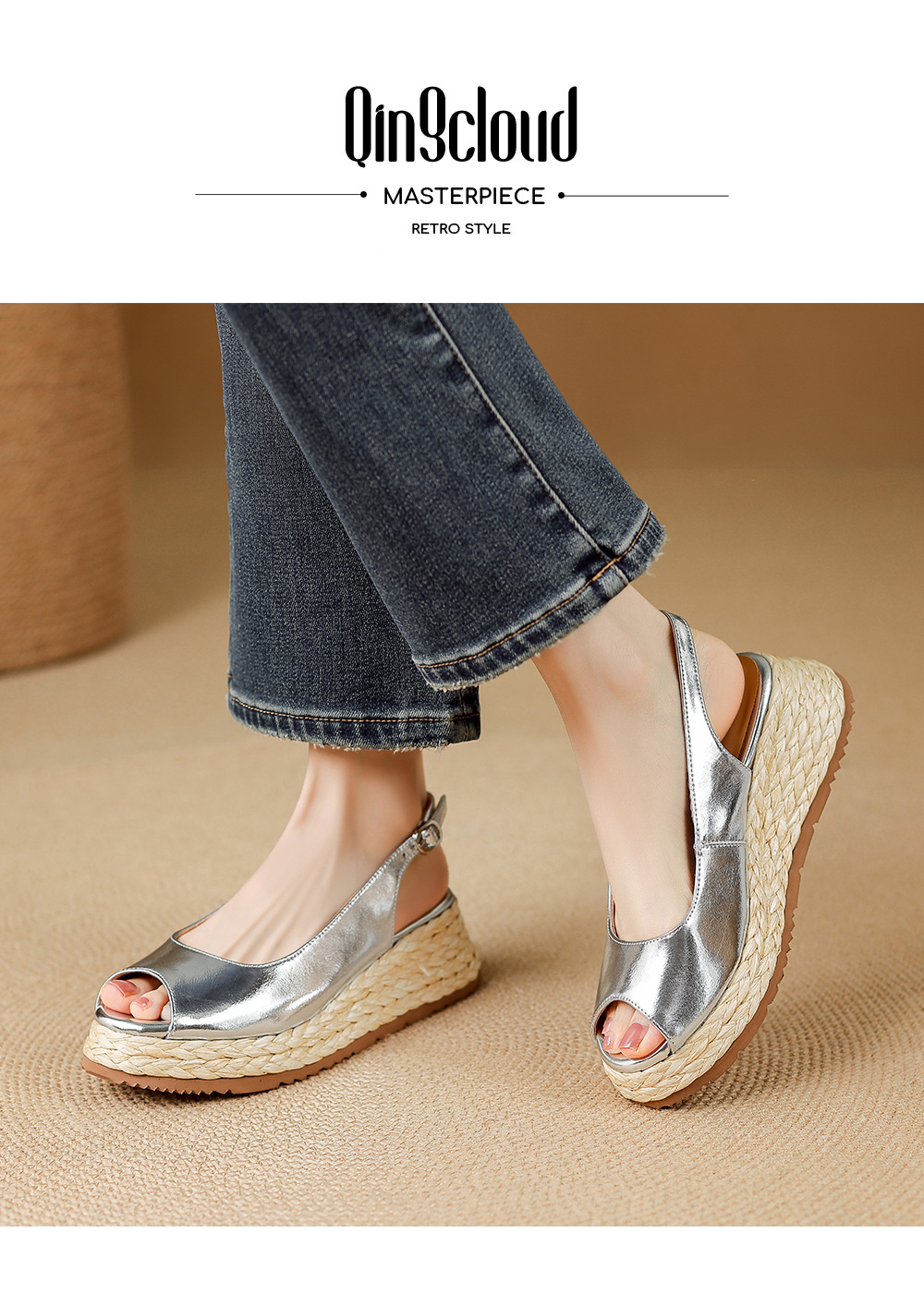 Sandal cao gót nữ mũi hở đế xuồng đan rơm — màu vàng, bạc chi tiết 1