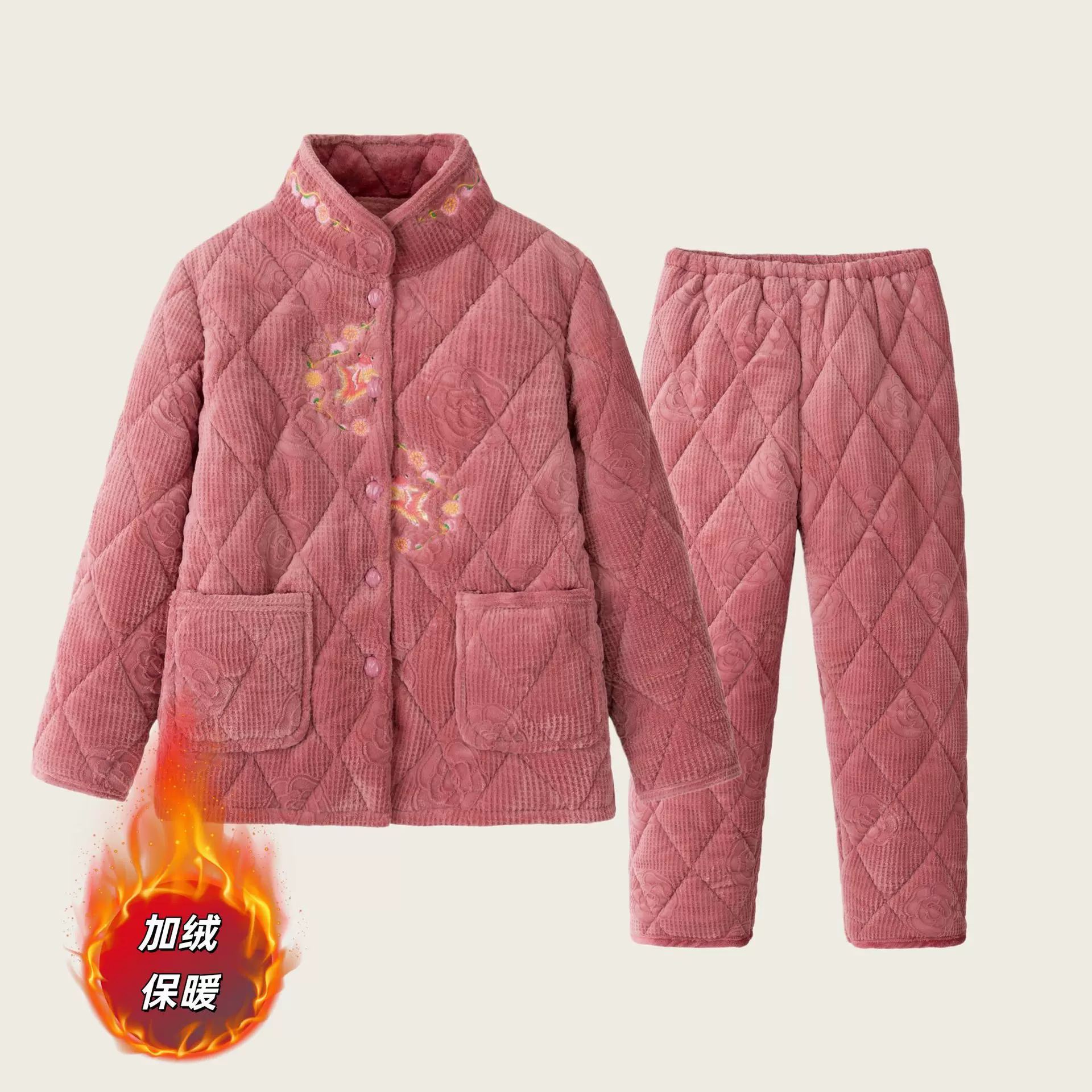 中老年睡衣女冬季法兰绒三层夹棉加厚加绒妈妈套装冬装保暖家居服