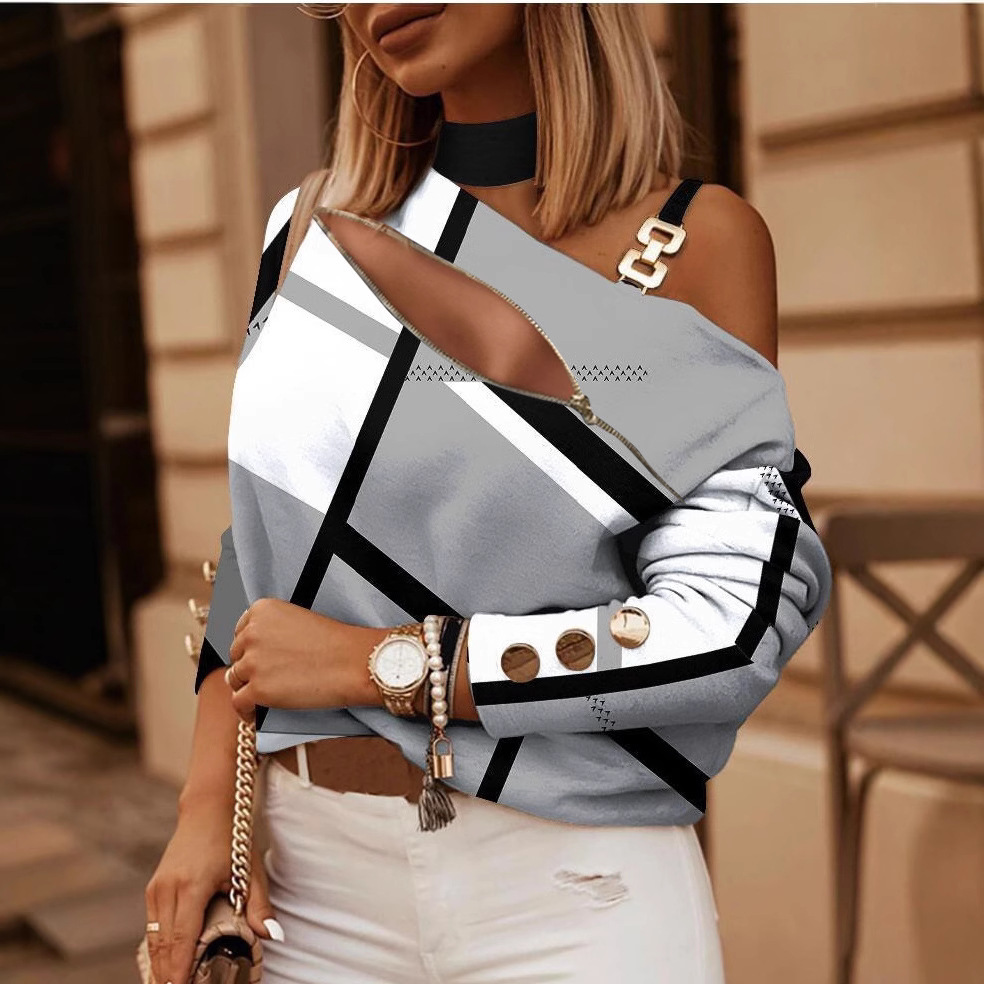 2022 estación independiente deseo Amazon popular Otoño e Invierno de manga larga cadena Halter impreso botón decorativo superior para las mujeres