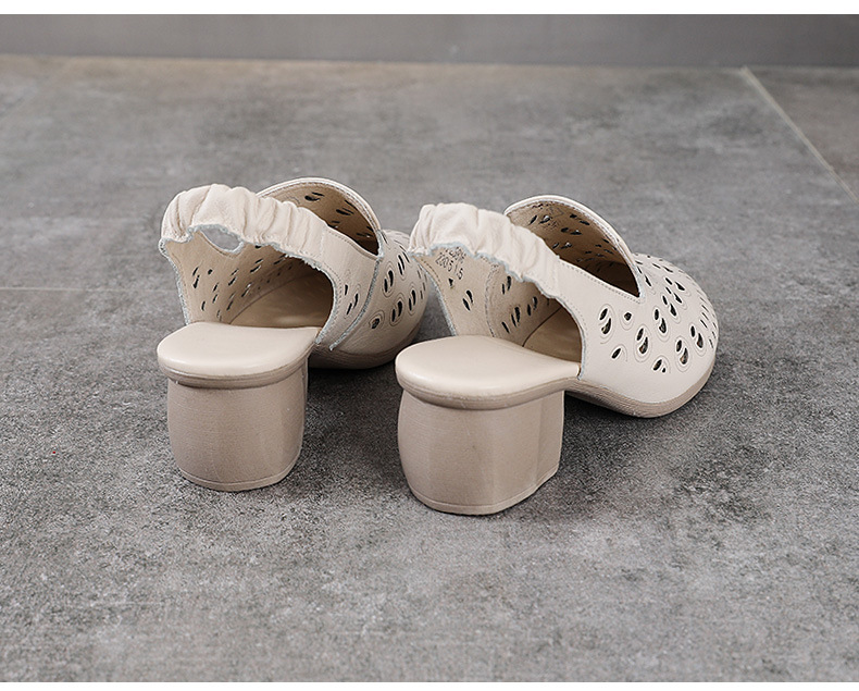 Sandal bít mũi da bò thật khoét lỗ thoáng khí gót thô mùa hè phong cách La Mã — Màu be chi tiết 12