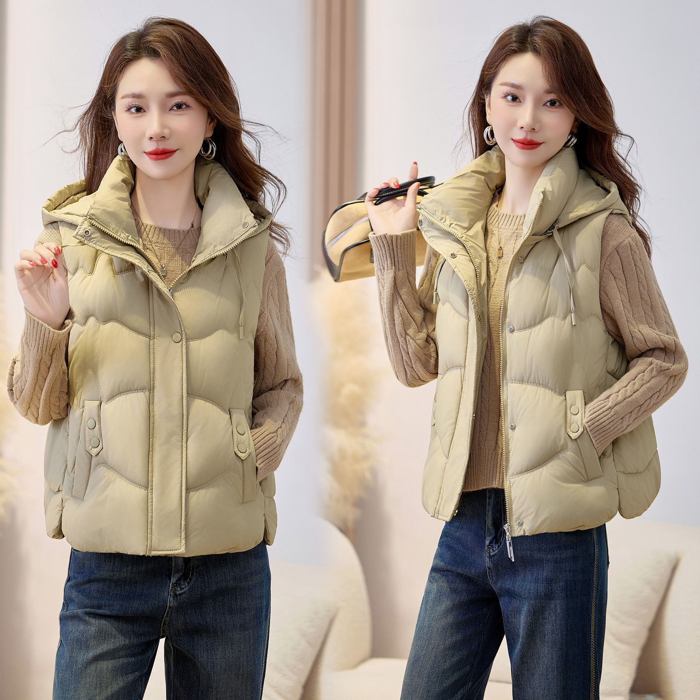 2025 otoño y invierno corto estilo coreano de moda nicho de diseño relajado sensación de collar grueso chaleco cálido abrigo de algodón image 12