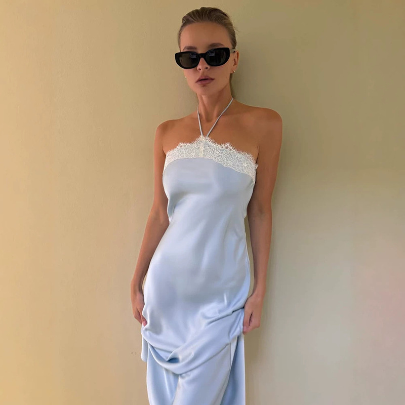 Cross-Border European and American Style Pure Desire Sleeveless Halter Neck Lace-Trimmed Satin Skin-Friendly Slim-Fit Long Dress for Women