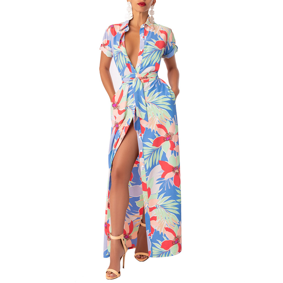 Women's Shirt Dress Bohemian Turndown Printing Short Sleeve Leaves Flower Maxi Long Dress Daily display picture 3