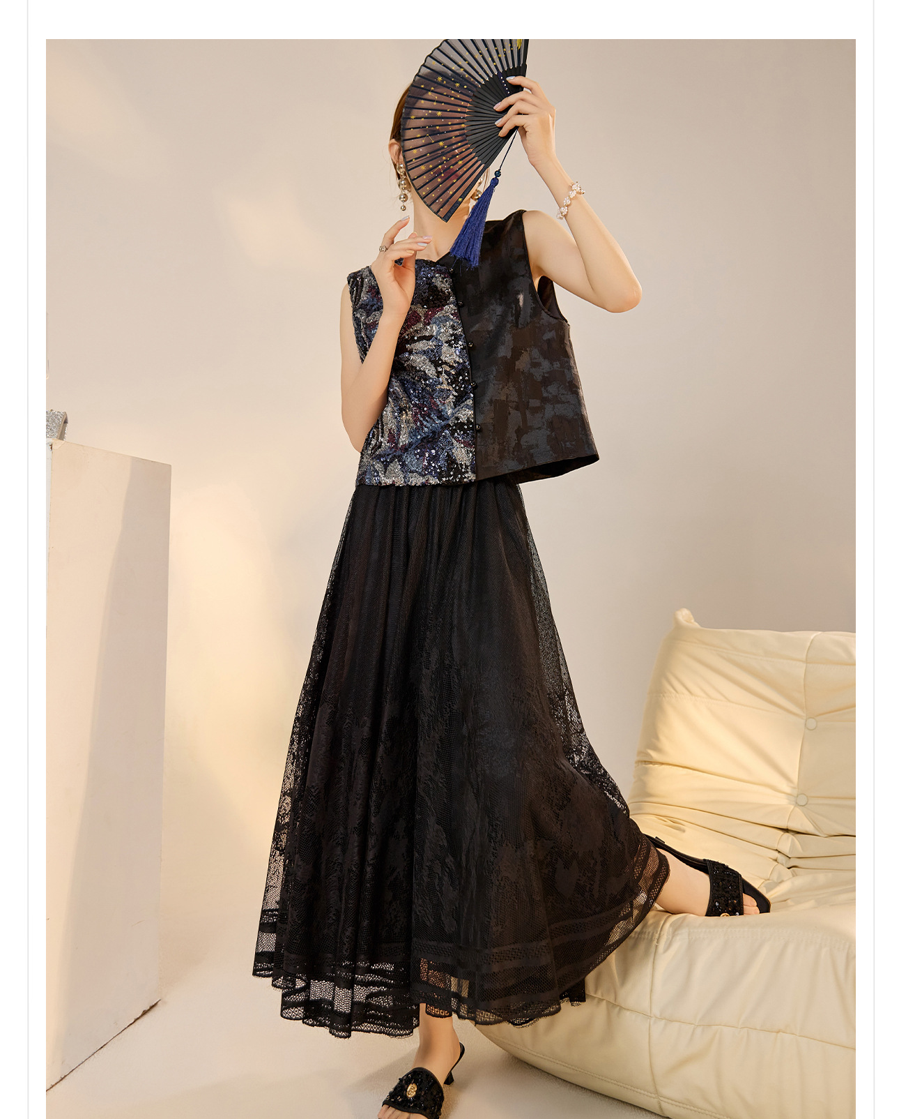 Áo vest nữ phong cách Trung Hoa mới 2026, thiết kế thêu sequin, chất rayon sang trọng — Đen, Màu huyền ảo, Xanh lam chi tiết 37
