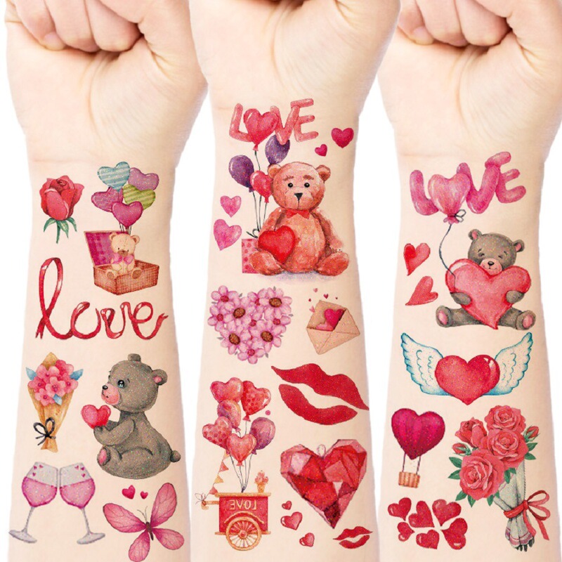 Glitter Valentine's Day cute tattoo stickers cartoon love bear girl bow environmental protection temporary tattoo stickers cross-border
