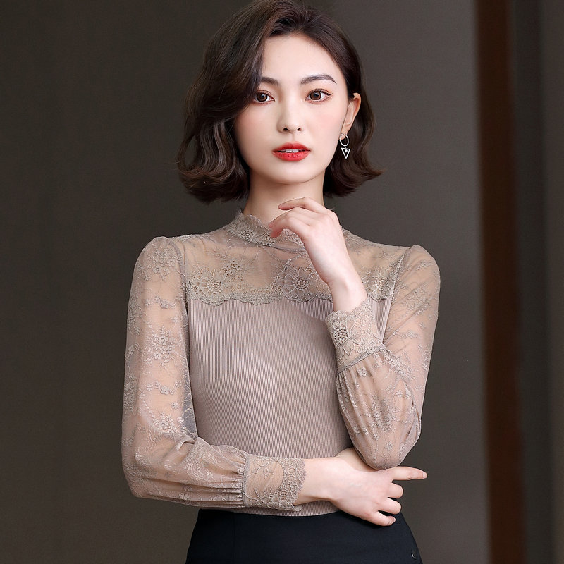 Autumn and winter New lace thread ladies base shirt half high collar slim slim long sleeve T-shirt manufacturers