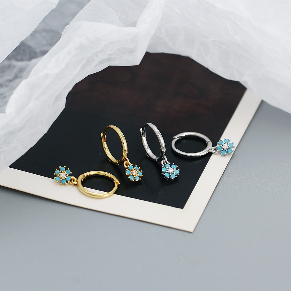 Sterling Silver Material Flower Pattern Women'S Gender Fashion Flower Sterling Silver Inlay Turquoise Zircon Drop Earrings 1 Pair