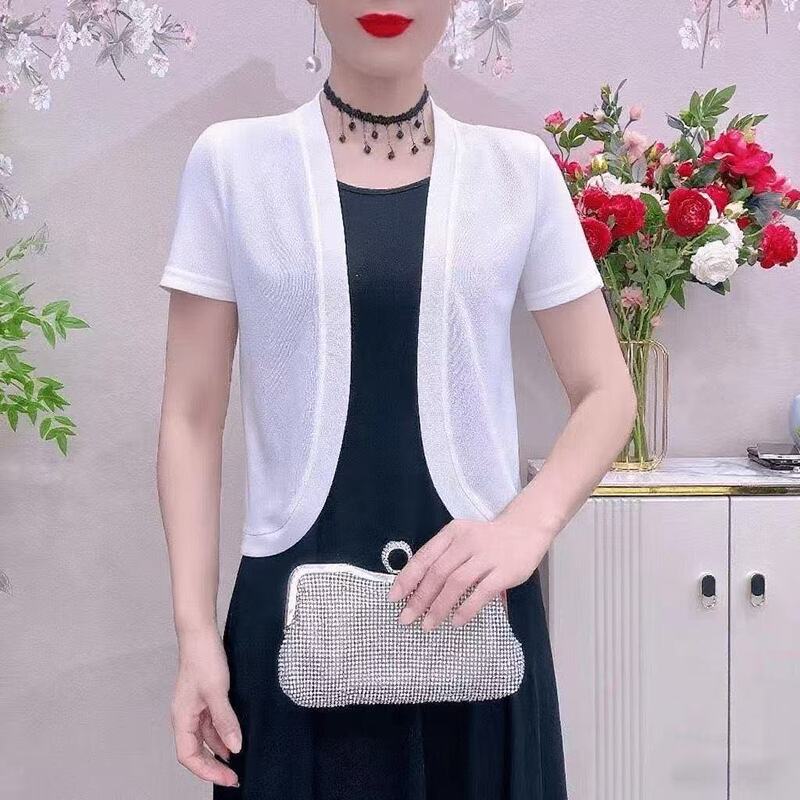 Elegant Lady's Outerwear Shawl, Ice Silk Ribbed Thin Summer Cardigan, Stylish Short Jacket Paired with Skirt, Short-Sleeve Top for Women