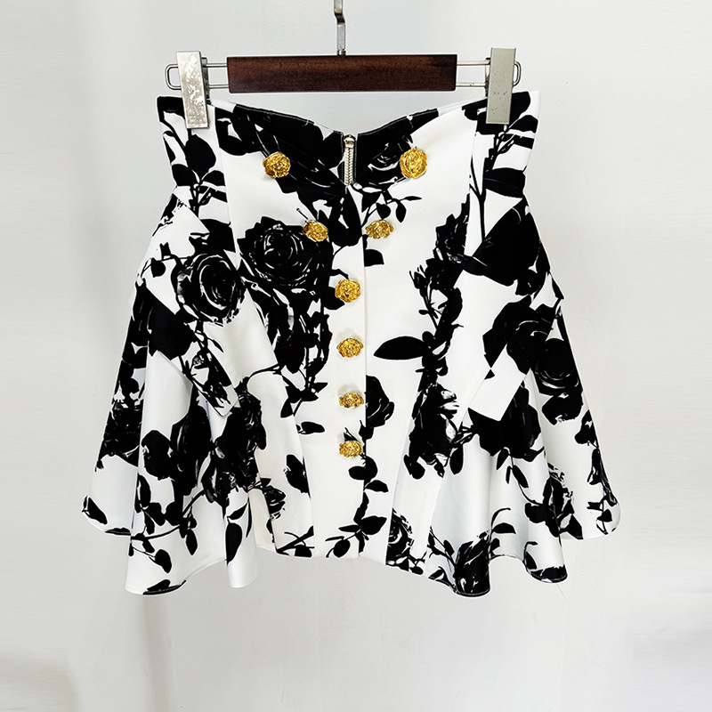 In Stock 2026 New European and American Celebrity Fashion Tulip Waistline Rose Flower Metal Buckle Printed Short Skirt Half Skirt
