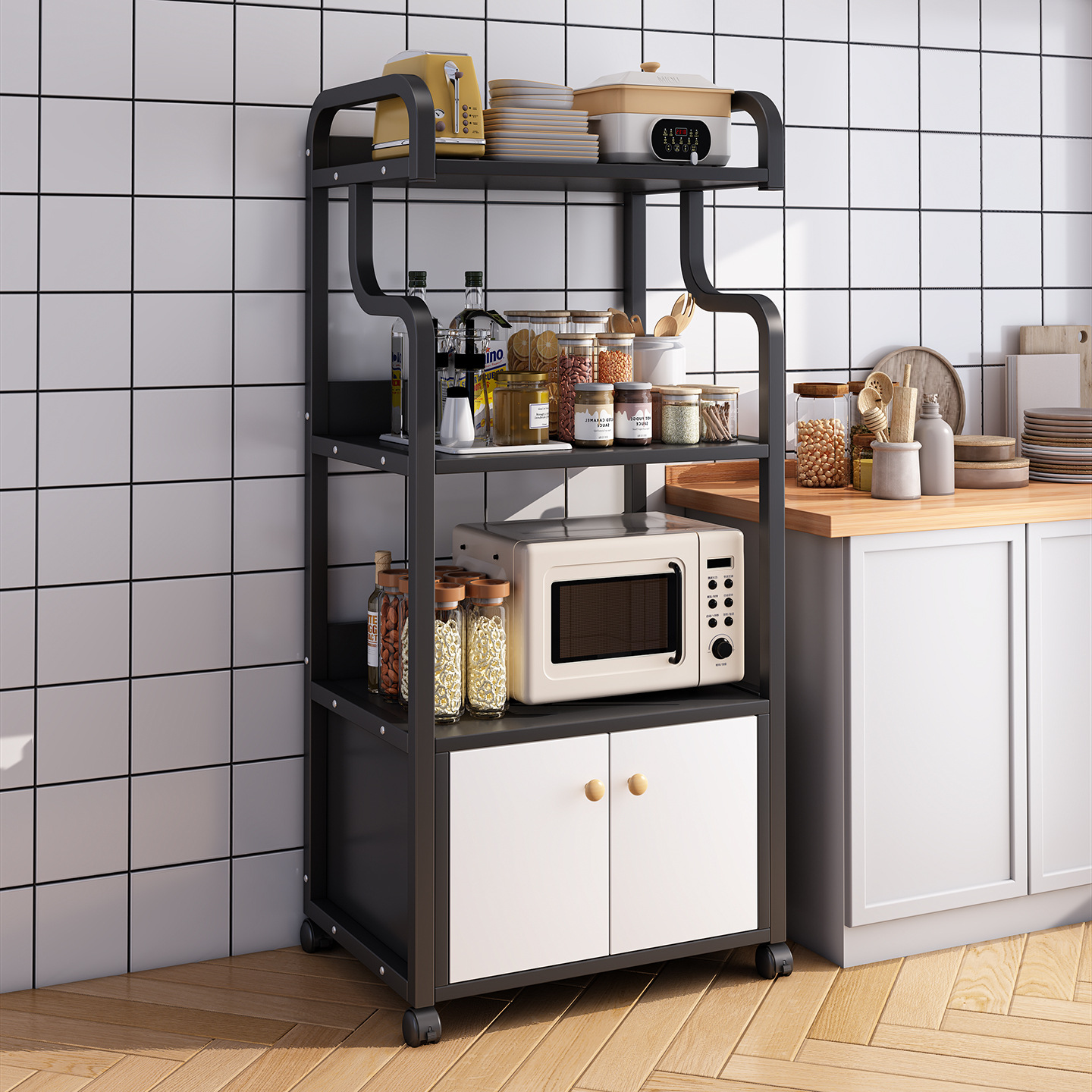 Kitchen Microwave Oven Storage Rack with Wheels Household Floor-Standing Multi-Function Oven Rice Cooker Pot Storage Collection