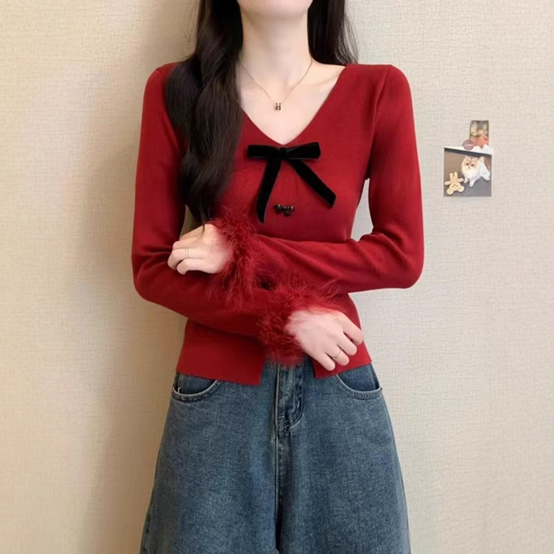 韓国風スリムフィットインナーデザインVネックスプライシングローエッジ長袖セーター女性用新しいリボントップ|undefined