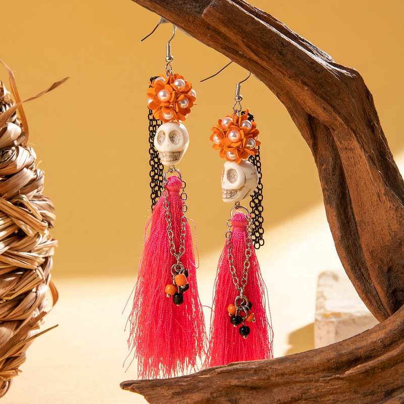 27g Weight Alloy Ear Needle Material Drop Earrings Classification 1 Pair Quantity Holiday, Daily Occasion Alloy, Resin Material Halloween Festival Tassel, Skull Pattern Women's Gender Plating Design Elegant, Streetwear Style 1 Pair Halloween Elegant Streetwear Tassel Skull Plating Alloy Resin Drop Earrings 12