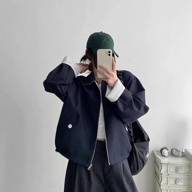 Striped Two-Wear Casual Jacket Women's Autumn Jacket Loose Navy Blue High-End Relaxed Jacket Top Striped Two-Wear Casual Jacket Women's Autumn Jacket Loose Navy Blue High-End Relaxed Jacket Top