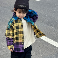 Children's Rainbow Grid Long-Sleeve Shirt 2024 New Autumn Outfit Boy's Grid Collar Shirt Trendy Middle and Small Children Baby Top