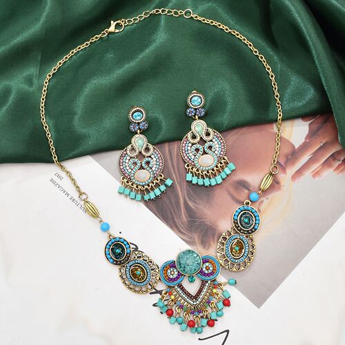 Retro Exotic Ethnic Style Bohemian Necklace Women's Earrings Set Travel Photo Pendant Forehead Jewelry Wholesale