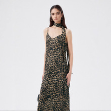 欧美跨境精品装2025夏季新款吊带豹纹开叉无袖性感修身连衣裙2501