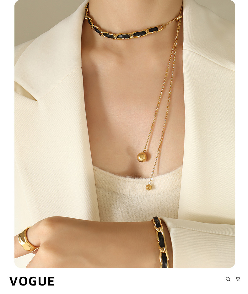 INS Style Solid Color Pu Leather Titanium Steel Plating Bracelets Necklace 1 Piece