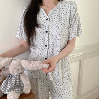 韩国ins女士夏季新品韩系针织提花小蝴蝶结家居服睡衣套装带胸垫