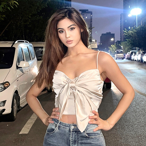 Stylish hot girl's sexy pearl white glossy acetate satin bow tie halter top