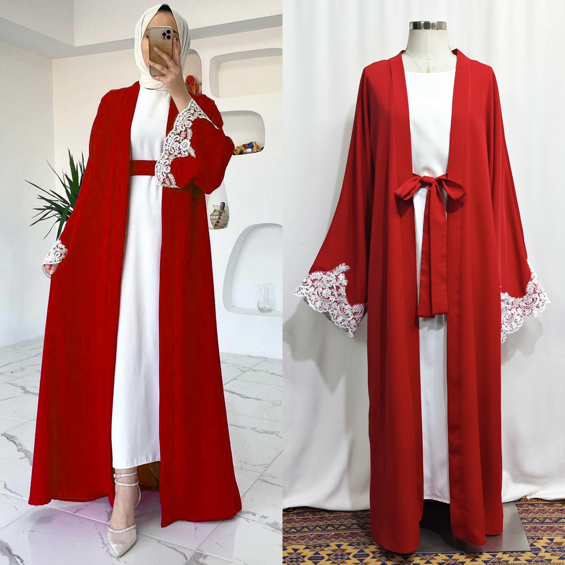 ​​Elegant Lace Applique Abaya Cardigan & Vest Skirt Set For Muslim Women – Modest Two-Piece Outfit​​_voghion.com