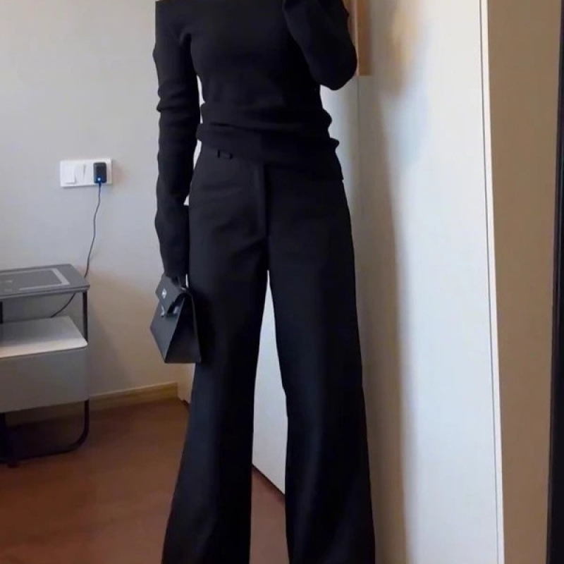 黑色大码窄版西装裤女2025新款胖mm高腰垂感休闲弧裤宽松阔腿裤子|undefined