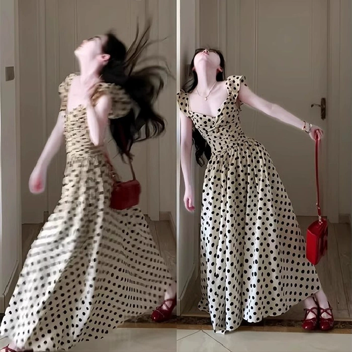 Женская толстая женская толстая мм французская ретро талия волноточечное платье для детей летнее чувство высокого летающего рукава длинное платье прилив