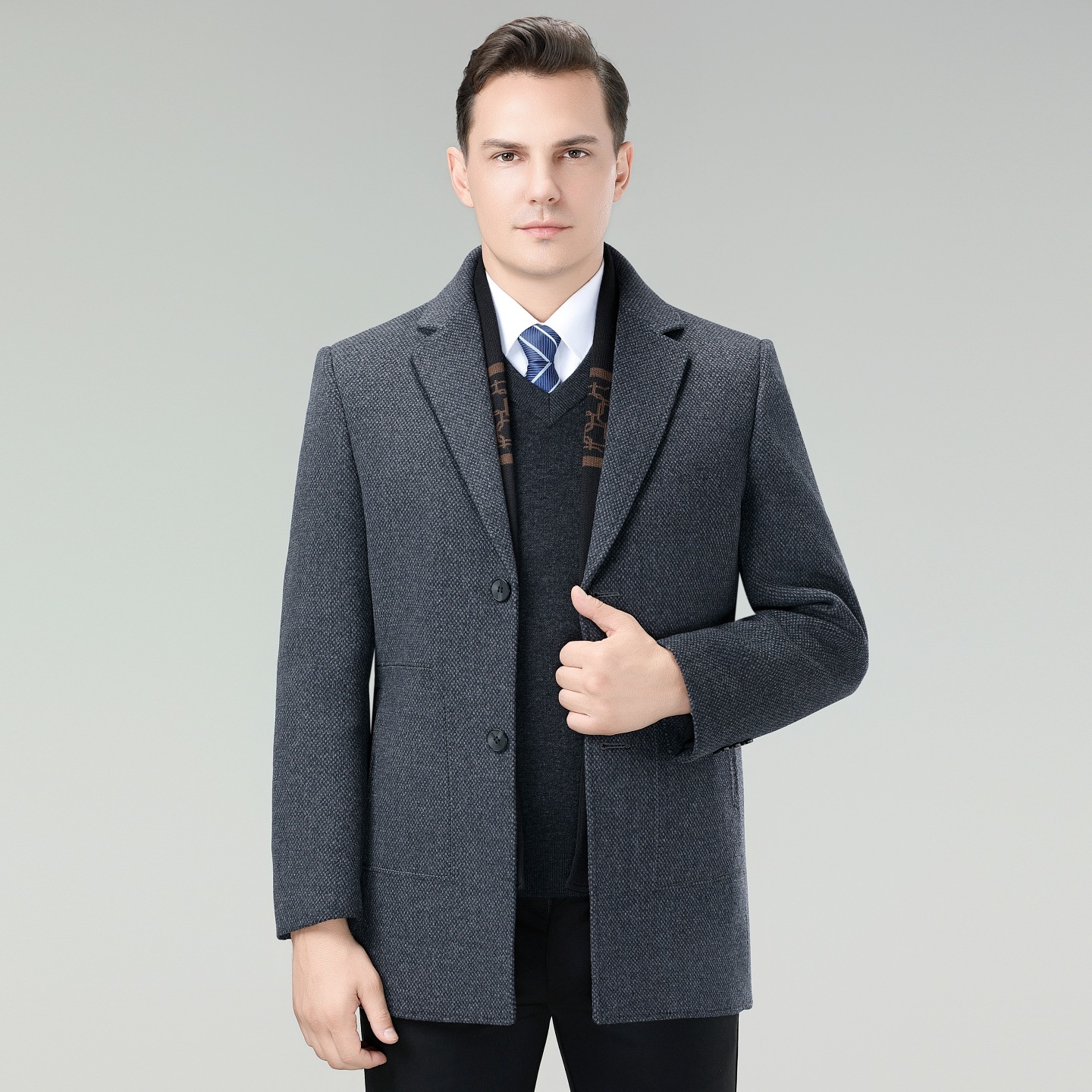 Luxury high-end men's suit collar wool coat, middle-aged father's business style, thick down jacket, men's outerwear