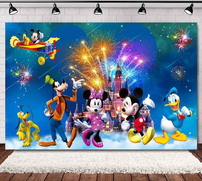 Night Sky Fireworks Mickey Minnie Pink Castle Baby Children's Birthday Theme Photo Photography Background Cloth Amazon