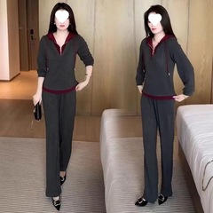 春秋新款时尚减龄连帽上衣裤子俩件套女大码时尚遮肚运动休闲套装