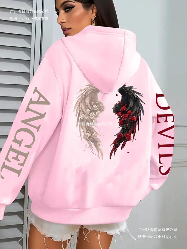Cross-Border European Size Women's Hoodie - Dark Green Angel/Devil Contrast Print Pullover with Side Pockets - Sweatshirt Cross-Border European Size Women's Hoodie - Dark Green Angel/Devil Contrast Print Pullover with Side Pockets - Sweatshirt