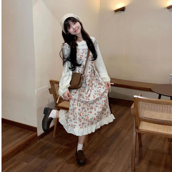 奶甜系温柔风假两件连衣裙女春秋季2025新款长款碎花长袖茶歇裙子|undefined