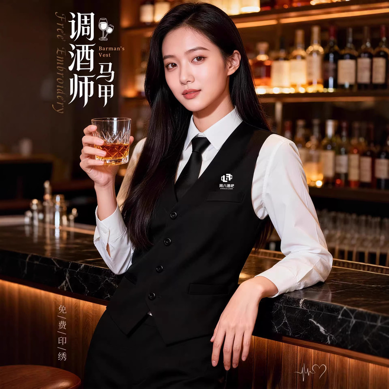 New Style Bartender Workwear Vest with Custom Logo Printing for Bars, Billiard Halls, Coffee Shops, and Service Staff