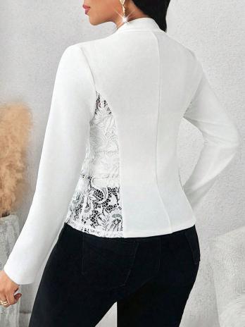 European and American new large size women's pure color elegant lace splicing slim suit collar long-sleeved cardigan small suit