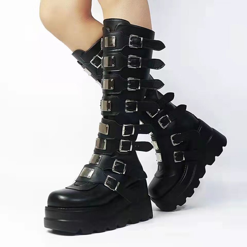 Amazon Cross-Border Long Boots for Women 2024 Autumn and Winter New Belt Buckle Thick-Soled Punk Style Hot Girl Knight Boots