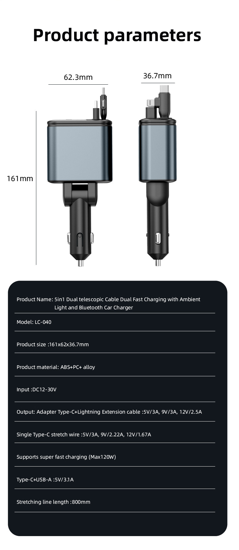 Car Charger Multi-Function Fast Charging Car Mp3 Player Bluetooth Plug-In USB Disk Listening to Music with Retractable Cable Five-In-One