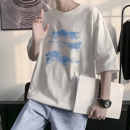 Men's Hong Kong Style Summer Loose Cool Sensation Thin Short Sleeve T-Shirt, 5.5-Button Sleeve Trendy Fashion Oversized Streetwear Clothing