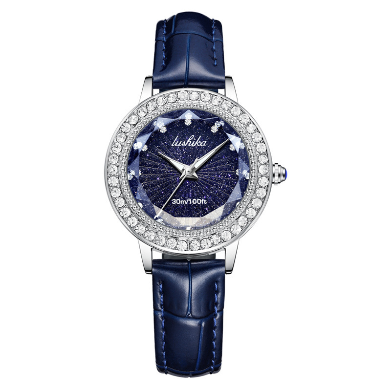 Belle montre pour femme ciel étoilé cadran diamant ceinture en cuir haut de gamme montre à quartz compte vidéo transfrontalier montre en direct pour femme_voghion.com