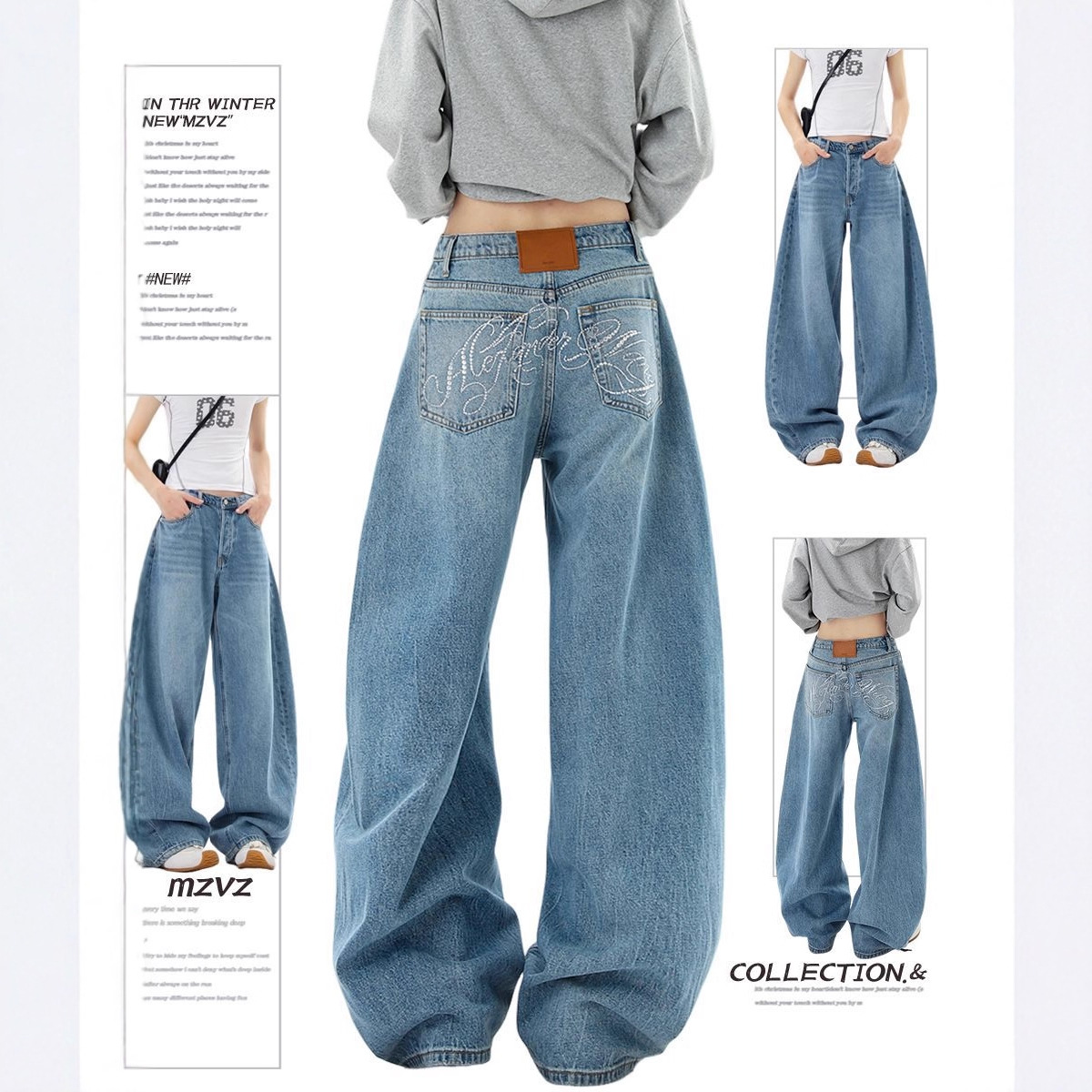 Women's American Style Washed Rhinestone Silhouette Curved Cut Jeans Loose Wide Leg Trousers Casual Cotton Polyester Denim_ecoleips.com
