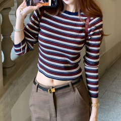 槿一「美留outfit」红条纹针织长袖上衣+格纹直筒长裤套装秋2025