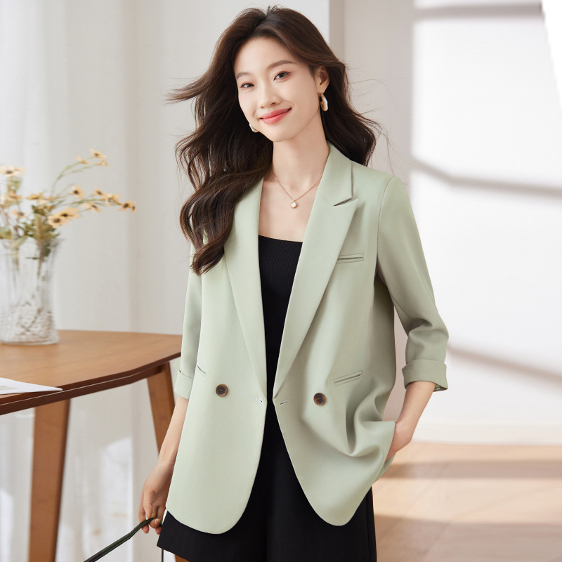 Thin Casual Blazer for Petite Women, Three-Quarter Sleeves, 2025 New Summer Style, High-End Loose-Fitting Suit, Green