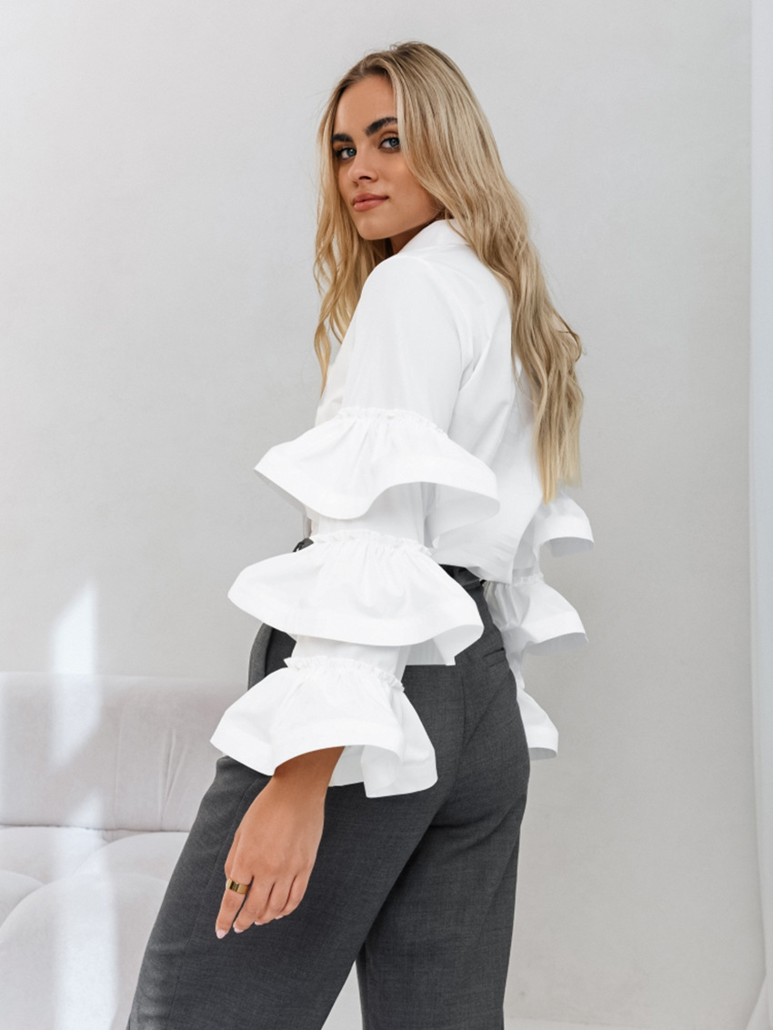 Long Sleeve Sleeve Length Wholesale Women's Elegant Solid Color Long Sleeve Ruffles Blouses