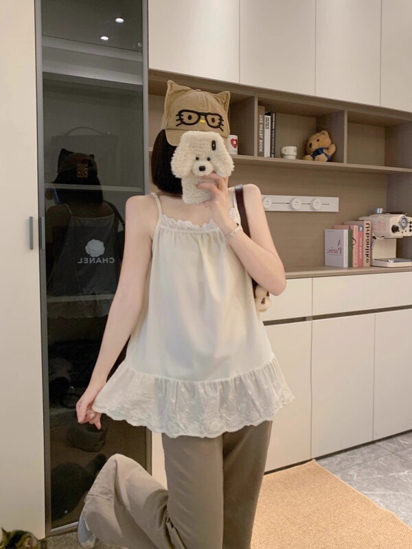 设计感小众蕾丝拼接无袖上衣女夏季新款别致宽松显瘦休闲吊带背心|undefined