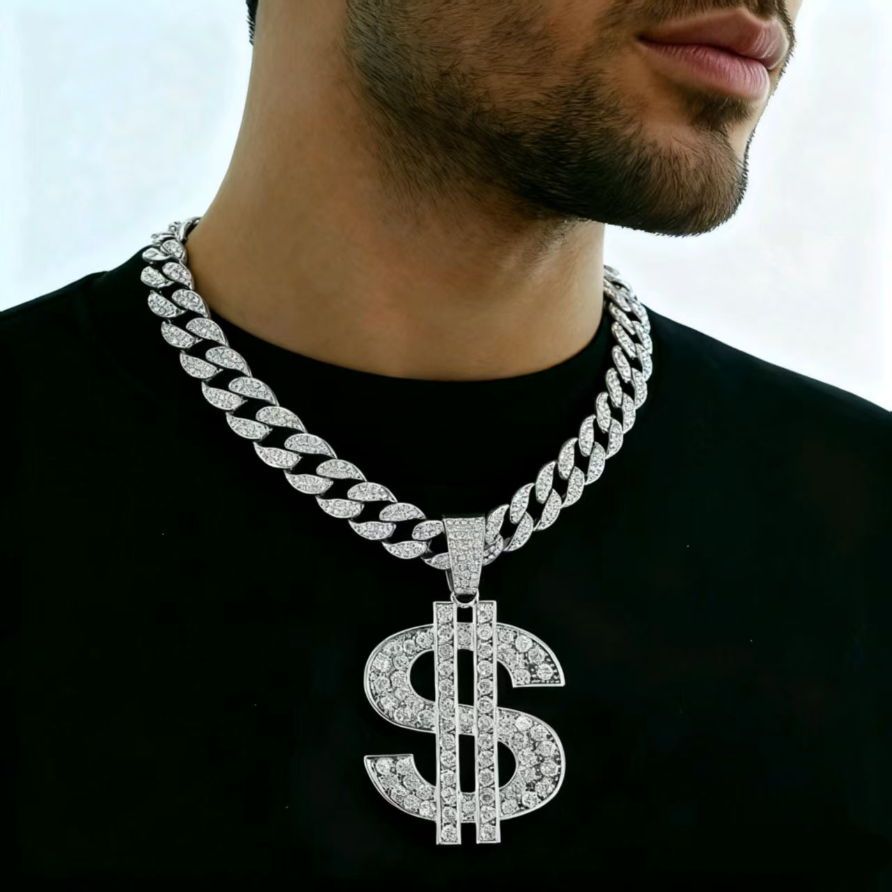Collar de símbolos de dólar exagerado con diamantes llenos de dólar masculino y femenino moda colgante collar largo collar