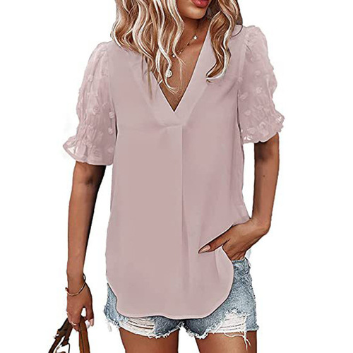 European and American Women's V-Neck Chiffon Shirt with Pom-Pom Detail, Short-Sleeve Casual Loose-Fit Top for Women