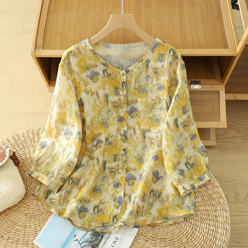 Real Shot of In-Stock 2026 New Cotton and Linen Shirt for Women, Summer Round Neck, Mid-Sleeve, Printed, Slimming, Versatile, Casual Cardigan for Women