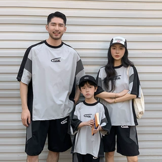 亲子装夏季2026新款一家三口美式复古拼接T恤短袖宽松父子套装潮